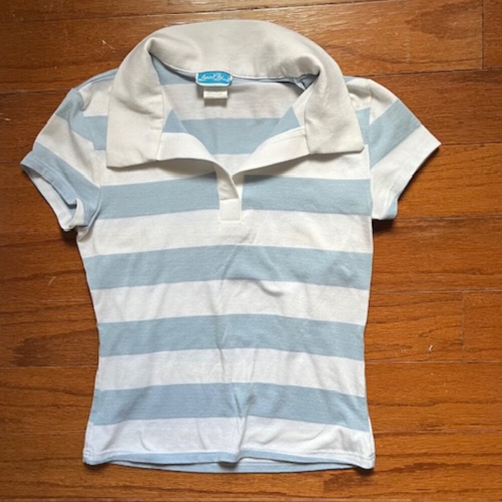 Loco Blue 1990's Collared Striped T-Shirt
